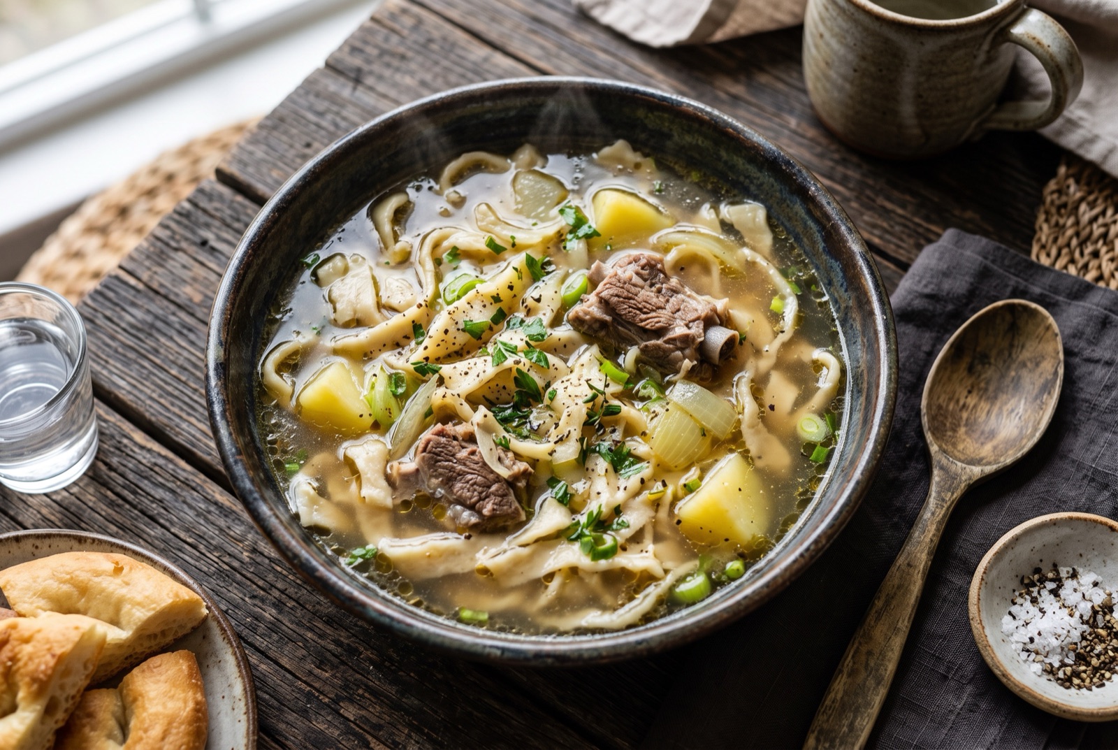 Bowl of Mongolian guriltai shul mutton noodle soup with torn dough strips, potato chunks and carrot coins
