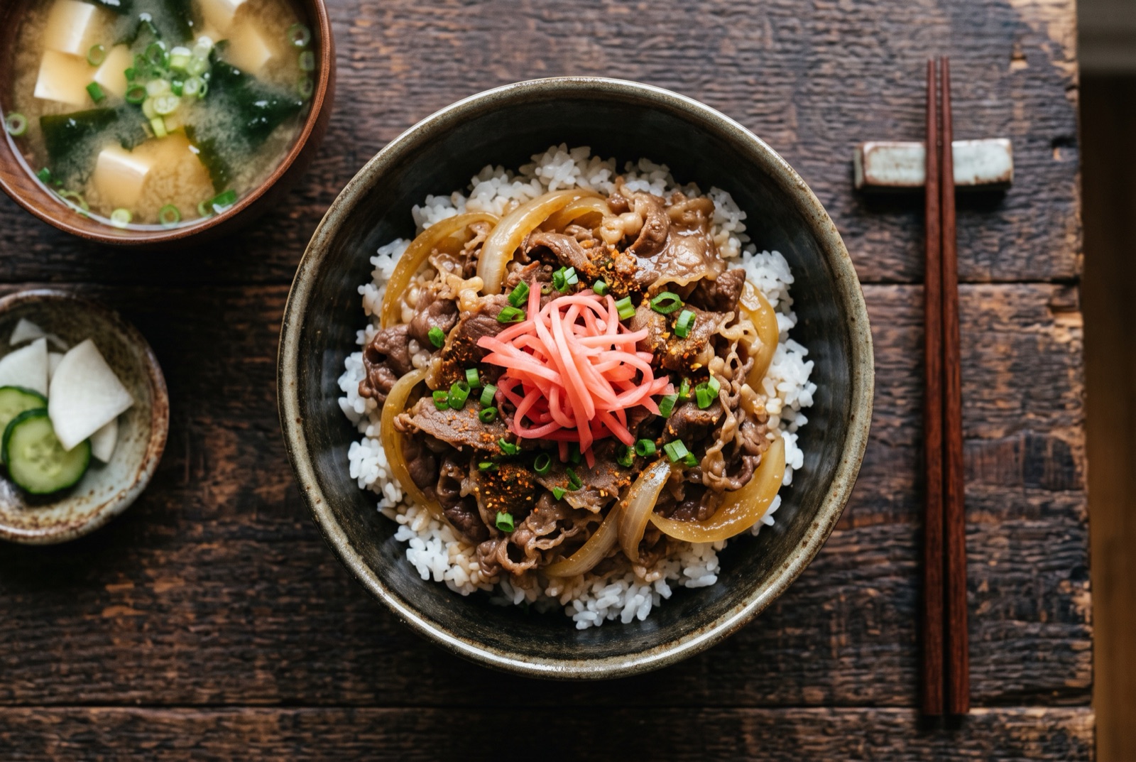 Deep bowl of steamed rice topped with thin simmered beef, soft onion, scallions and red pickled ginger