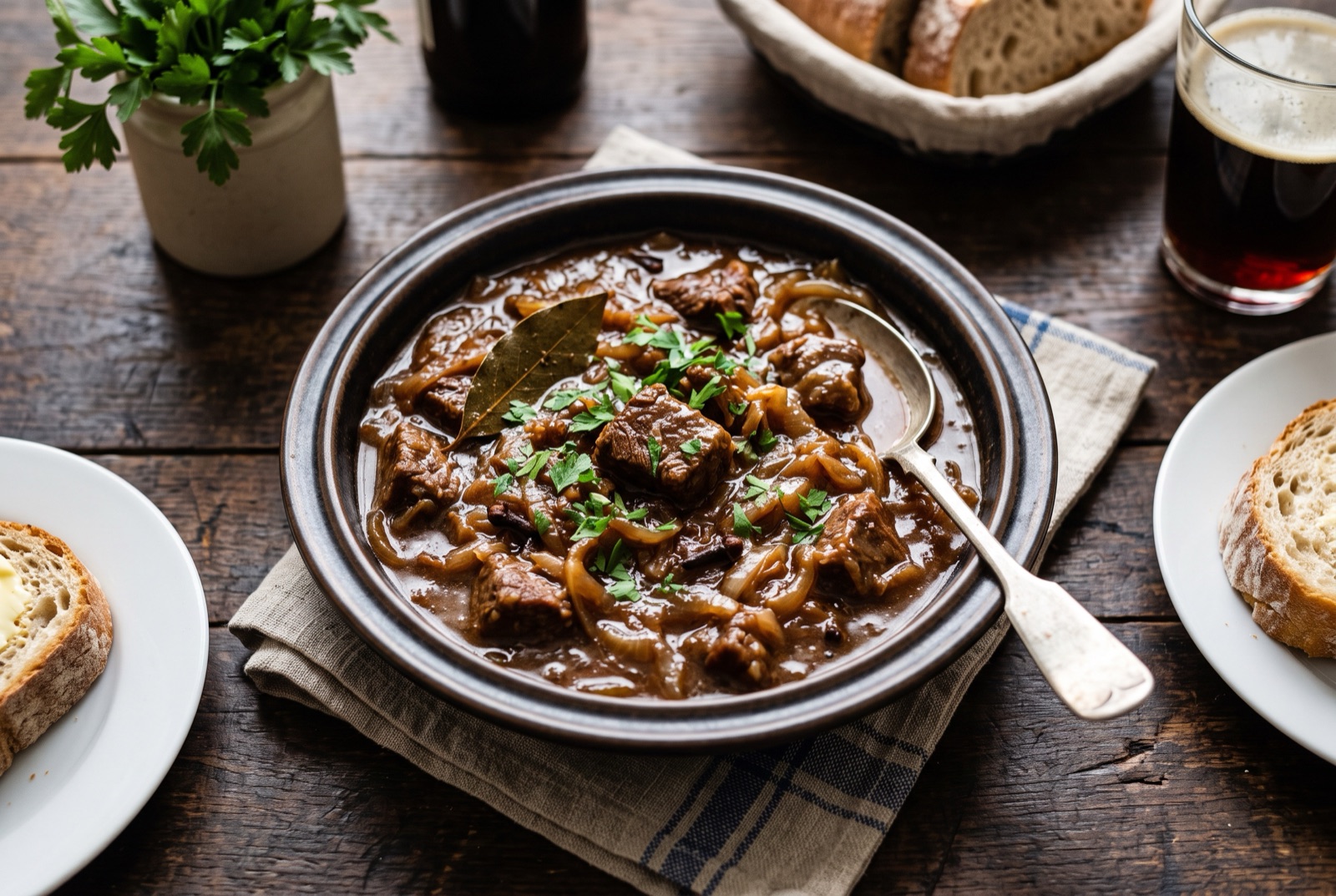 Bowl of dark Dutch onion and beef stew beside boiled potatoes and braised red cabbage