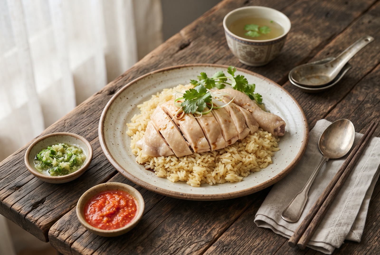 Sliced poached chicken with glossy skin over a mound of stock-cooked rice, with cucumber, chile sauce and ginger-scallion oil