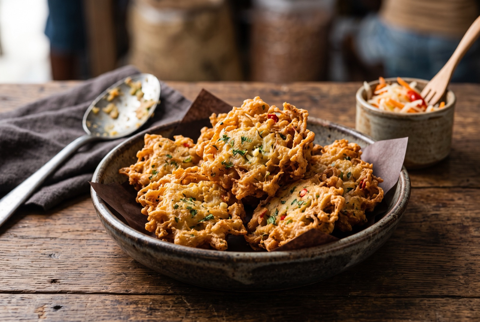 Lacy golden Haitian akra malanga fritters flecked with parsley, piled on a rack with lime wedges