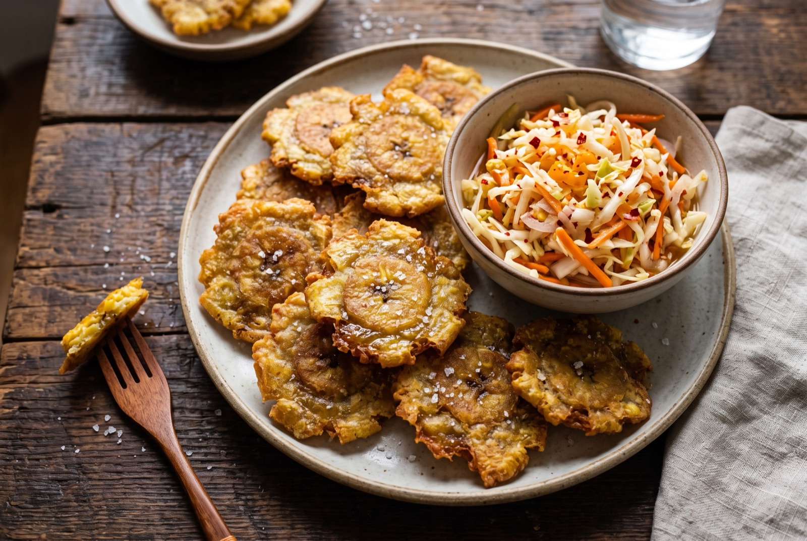 Golden pressed and twice-fried Haitian plantain discs piled on a plate with pikliz alongside