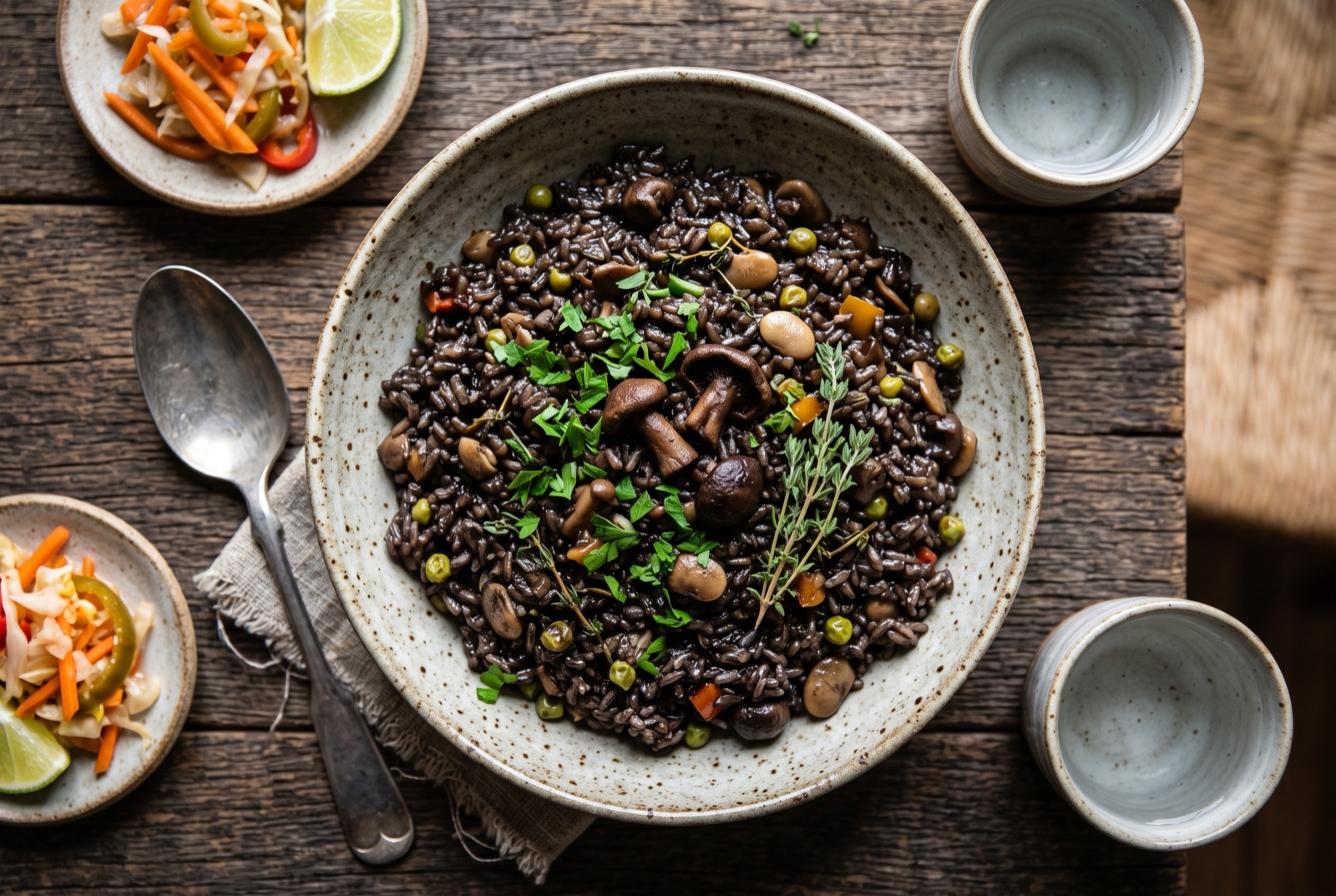 Bowl of glossy black Haitian djon djon rice flecked with lima beans and sliced scallions