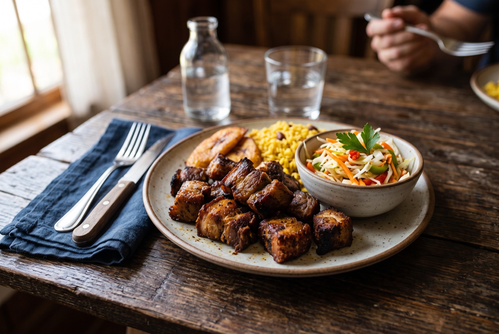 Crisp-edged cubes of Haitian griyo piled on a platter with pikliz and fried plantains alongside