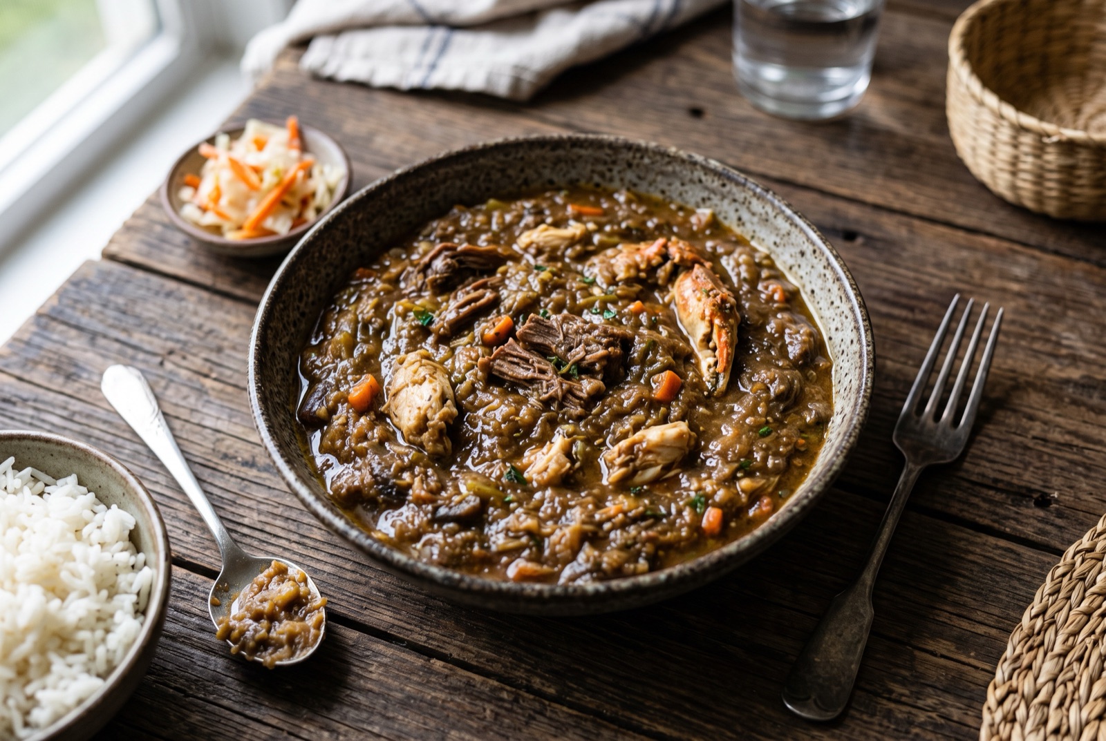 Thick dark Haitian legim vegetable stew with beef and crab spooned beside white rice