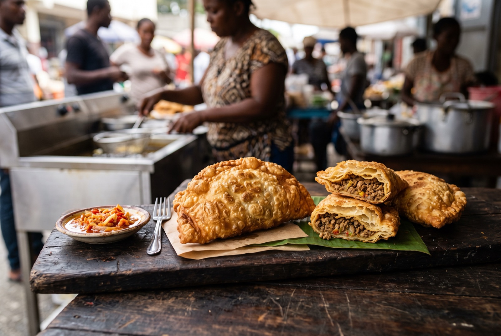 Golden blistered Haitian pate kode turnovers stacked on paper with pikliz in a small bowl