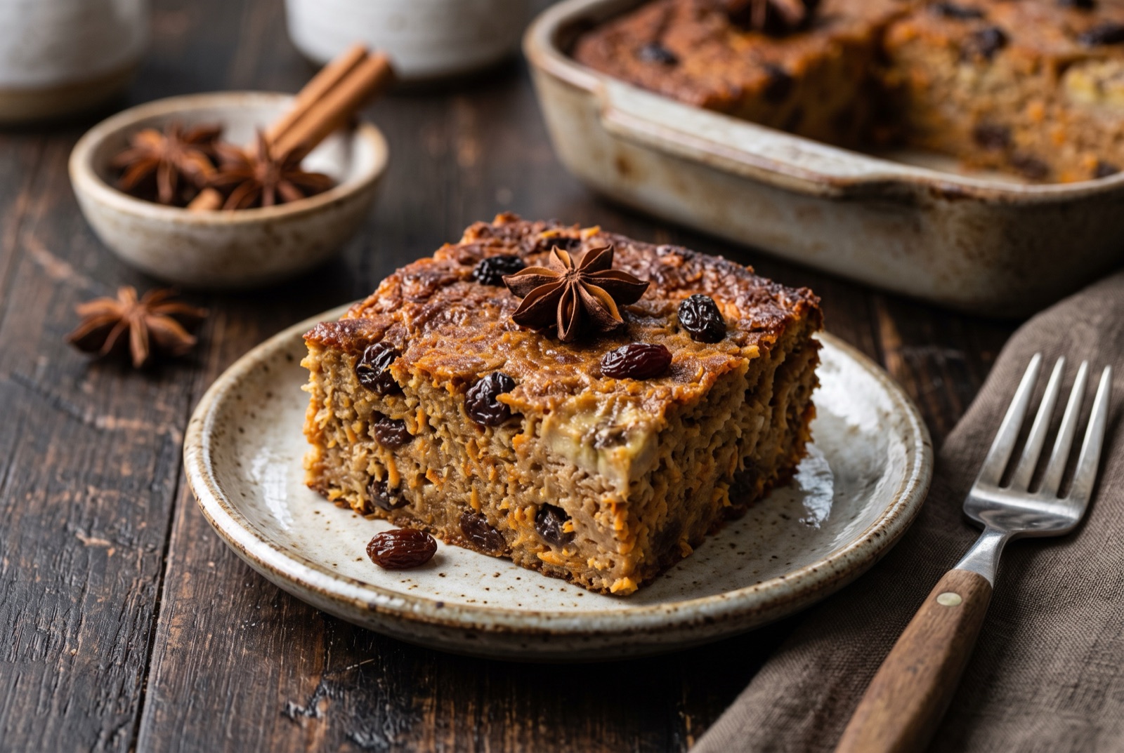 Squares of dark Haitian pen patat sweet potato pudding studded with raisins on a plate