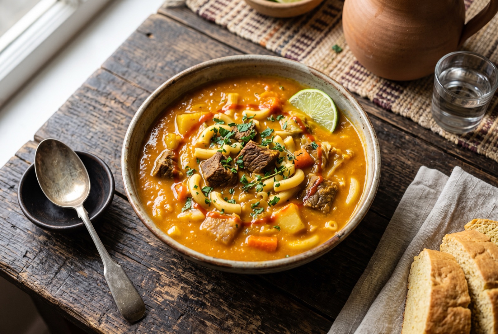 Bowl of golden Haitian soup joumou with beef, carrot, potato and pasta in thick squash broth