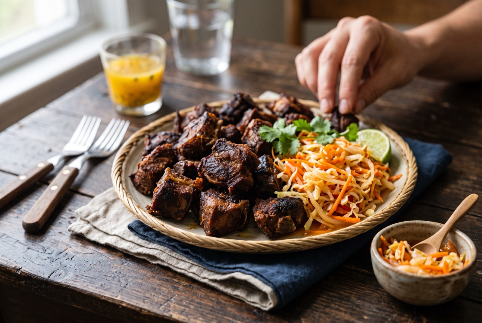Dark fried pieces of Haitian tasso kabrit goat on a platter with pikliz and lime wedges