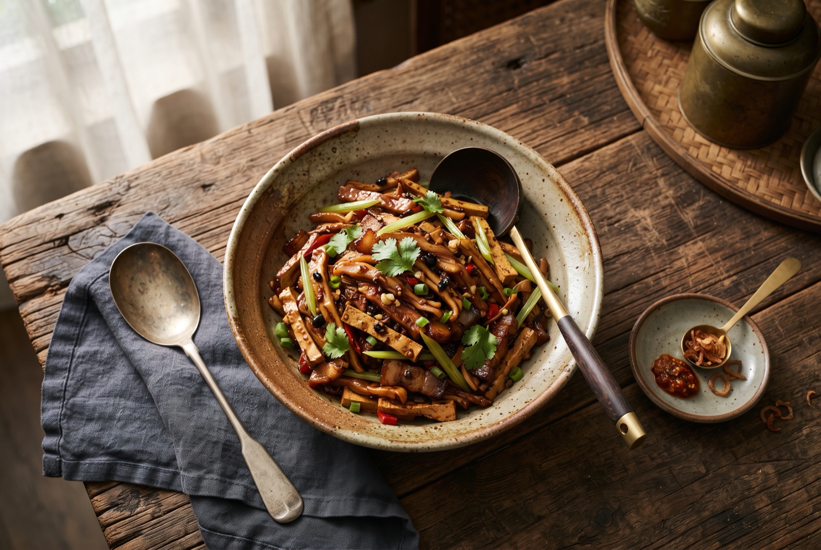 Hakka stir-fry of dried squid strips, crisp pork belly, pressed tofu and celery in a dark soy glaze