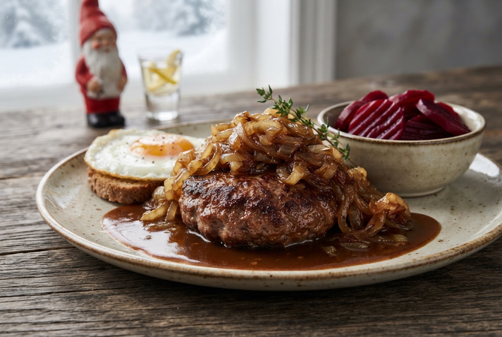 Danish beef patty under a mound of soft golden onions with a fried egg on top and brown gravy
