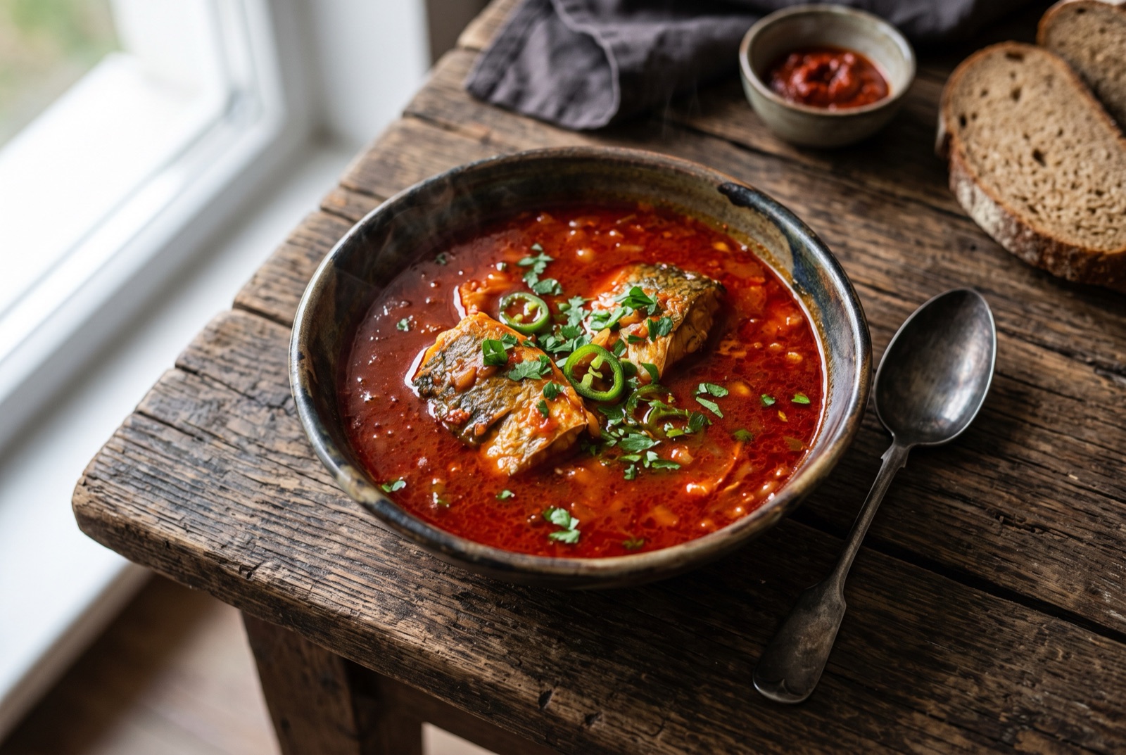 Deep bowl of Hungarian halaszle fish soup, bright red paprika broth with a thick piece of poached carp
