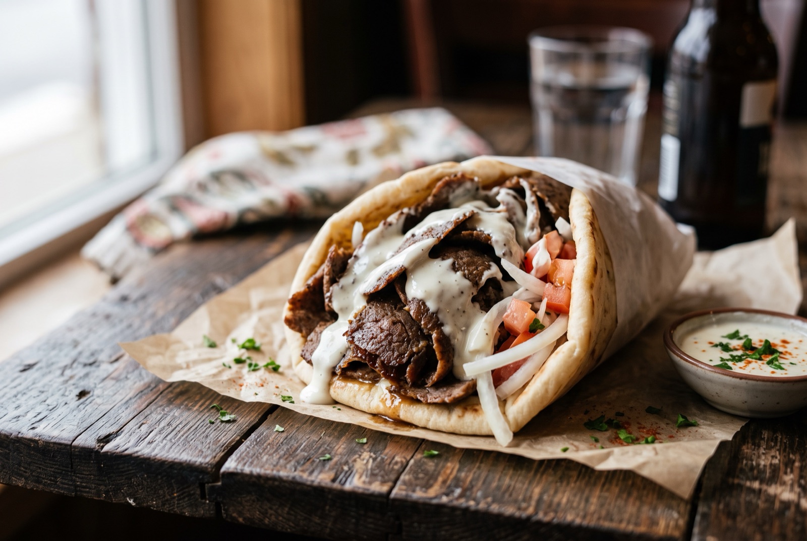 Open pita loaded with seared spiced beef slices, diced onion and tomato under white sweet garlic sauce