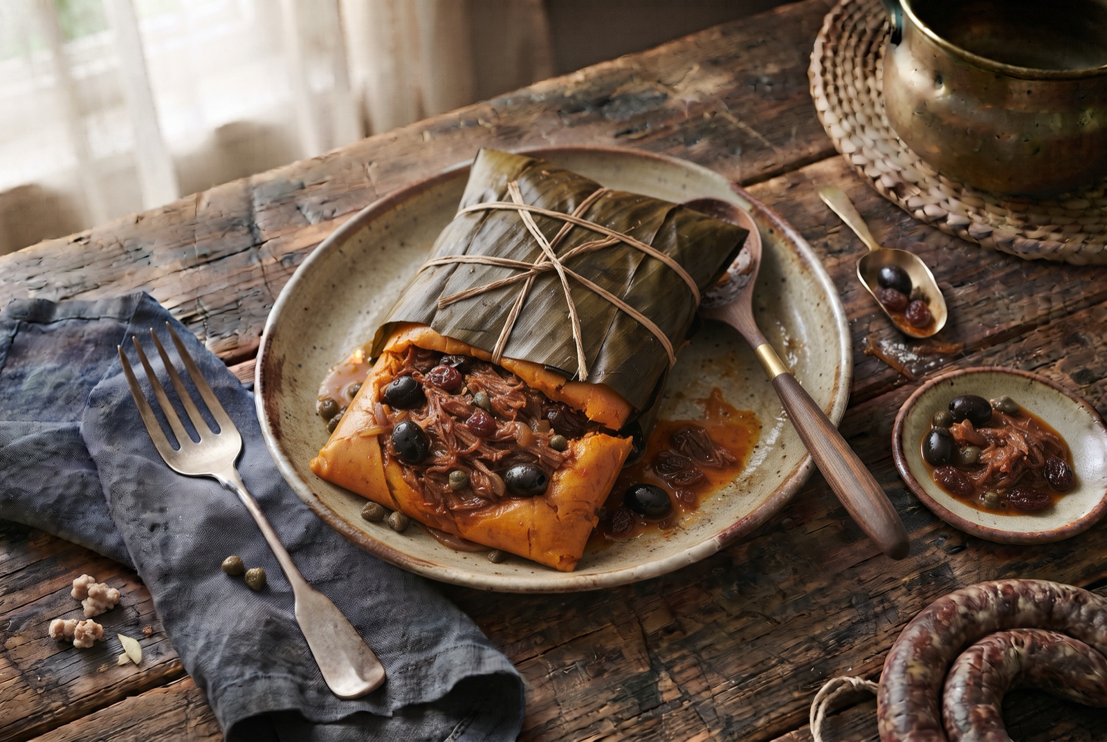 Opened hallaca on its banana leaf showing orange corn dough around a meat guiso with olives and raisins