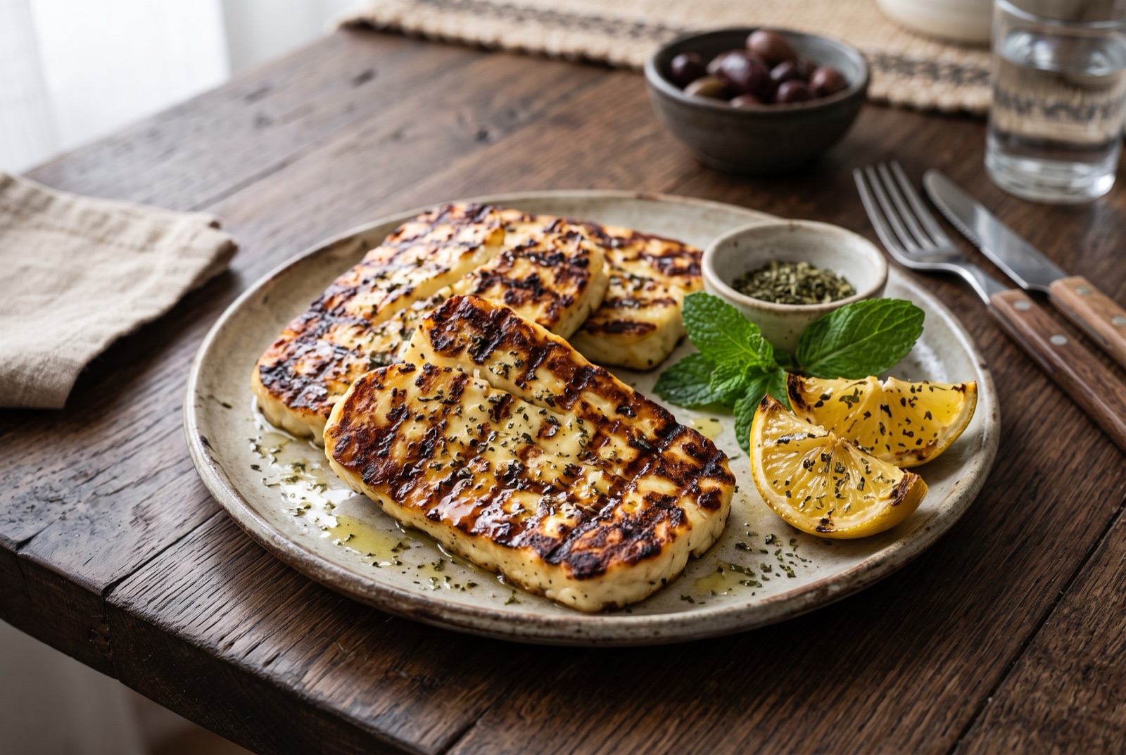 Charred slices of grilled halloumi on a plate with lemon halves, dried mint and cracked black pepper