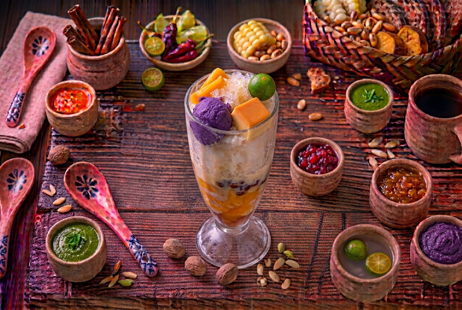 Tall glass of Filipino halo-halo with shaved ice, purple ube jam, leche flan cube and layers of sweet beans and jelly