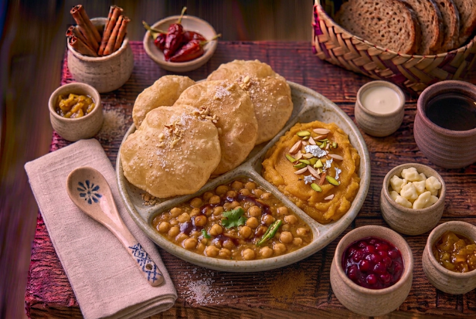 Pakistani halwa puri plate with puffed fried breads, yellow semolina halwa and a bowl of chickpea curry