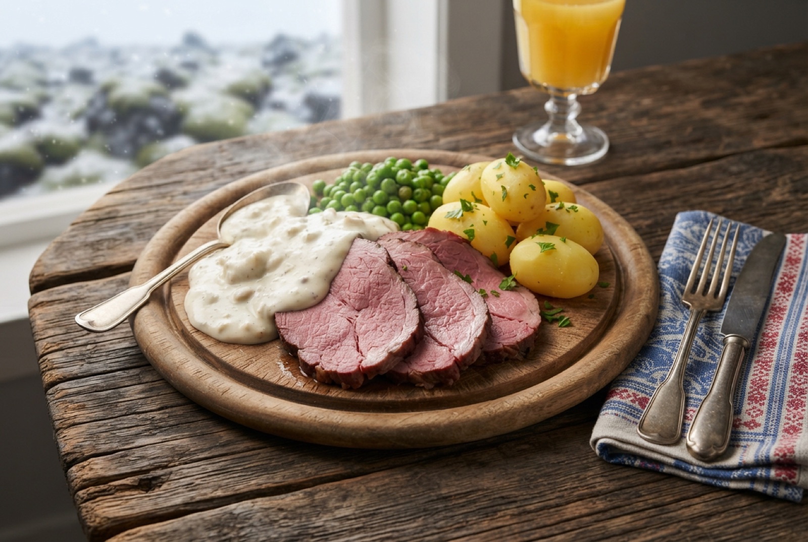 Sliced Icelandic smoked lamb on boiled potatoes under white sauce, with green peas on the plate