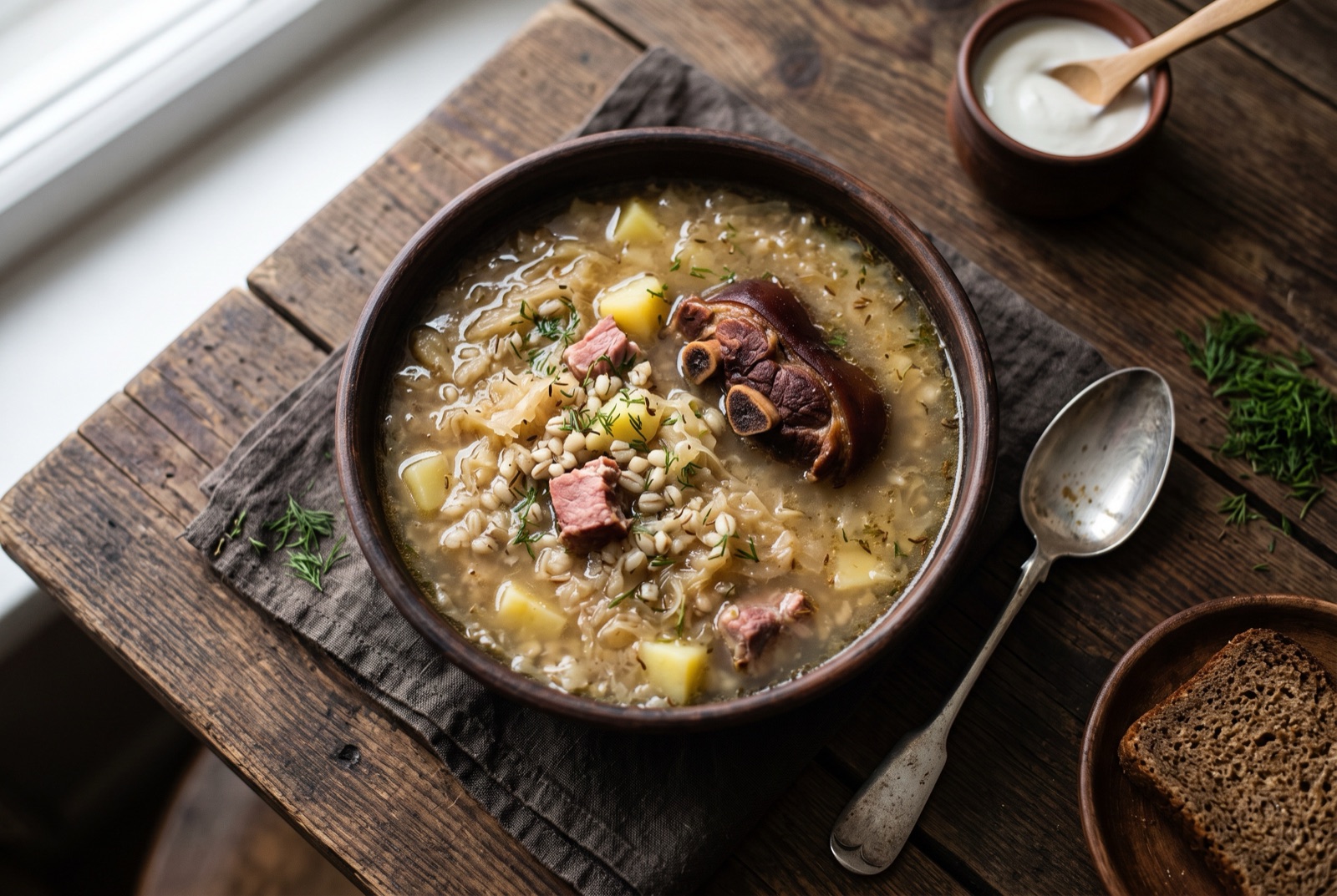 Bowl of cloudy Estonian sauerkraut and barley soup with potato, shredded smoked pork, sour cream and dill