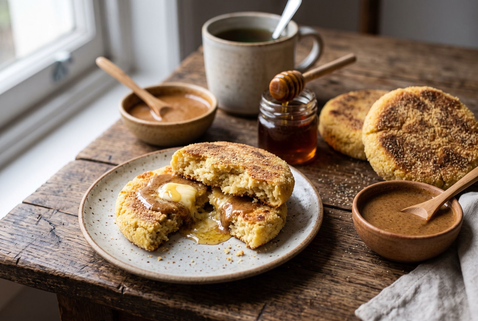 Golden freckled semolina harcha rounds on a plate, one split open with butter and honey melting into the crumb