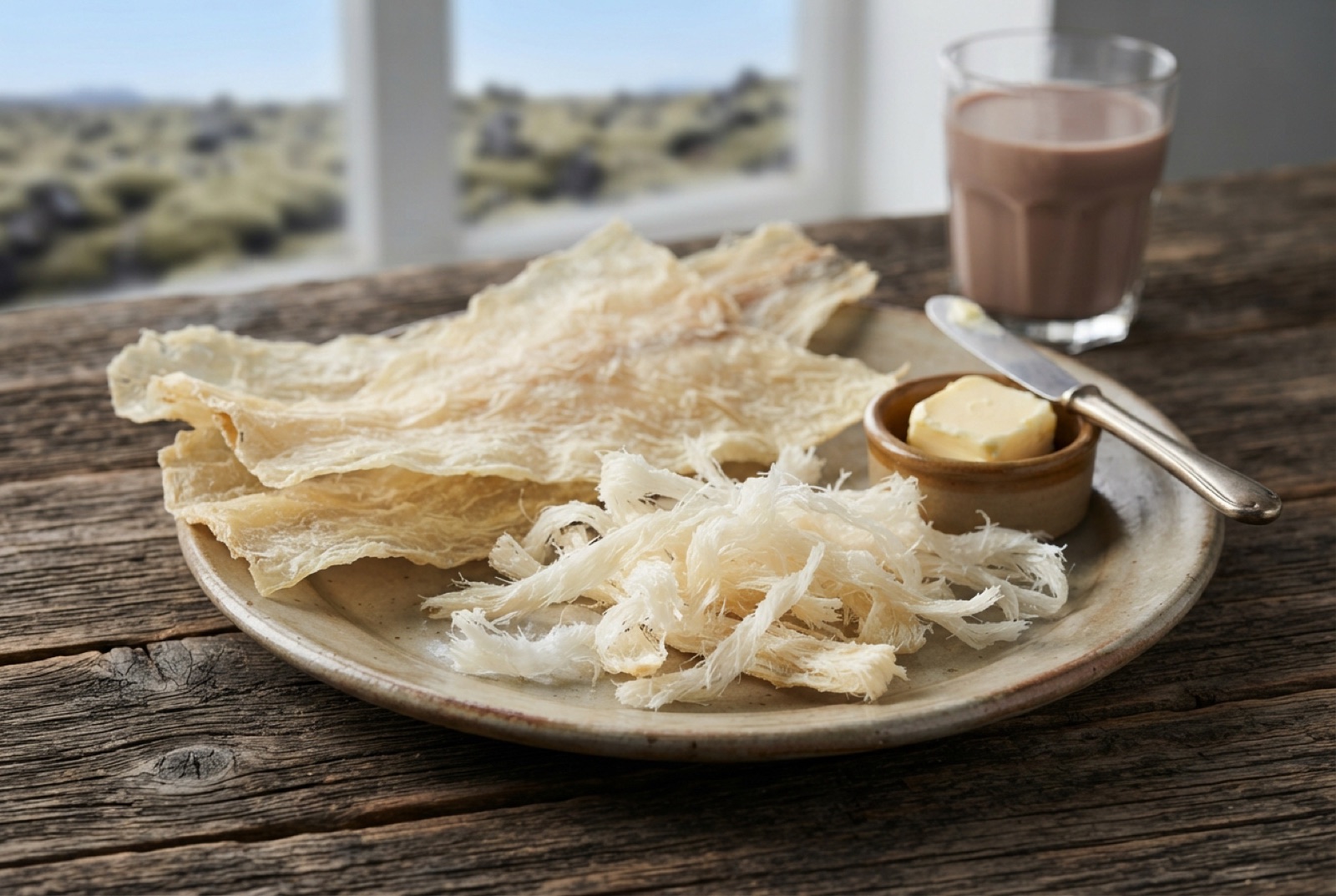 Torn strips of Icelandic wind-dried fish on a board with a knife and cold butter