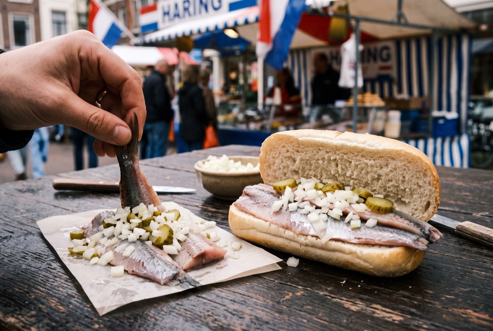 Silvery cured herring fillets on a paper tray with a heap of finely chopped raw onion and sliced pickle