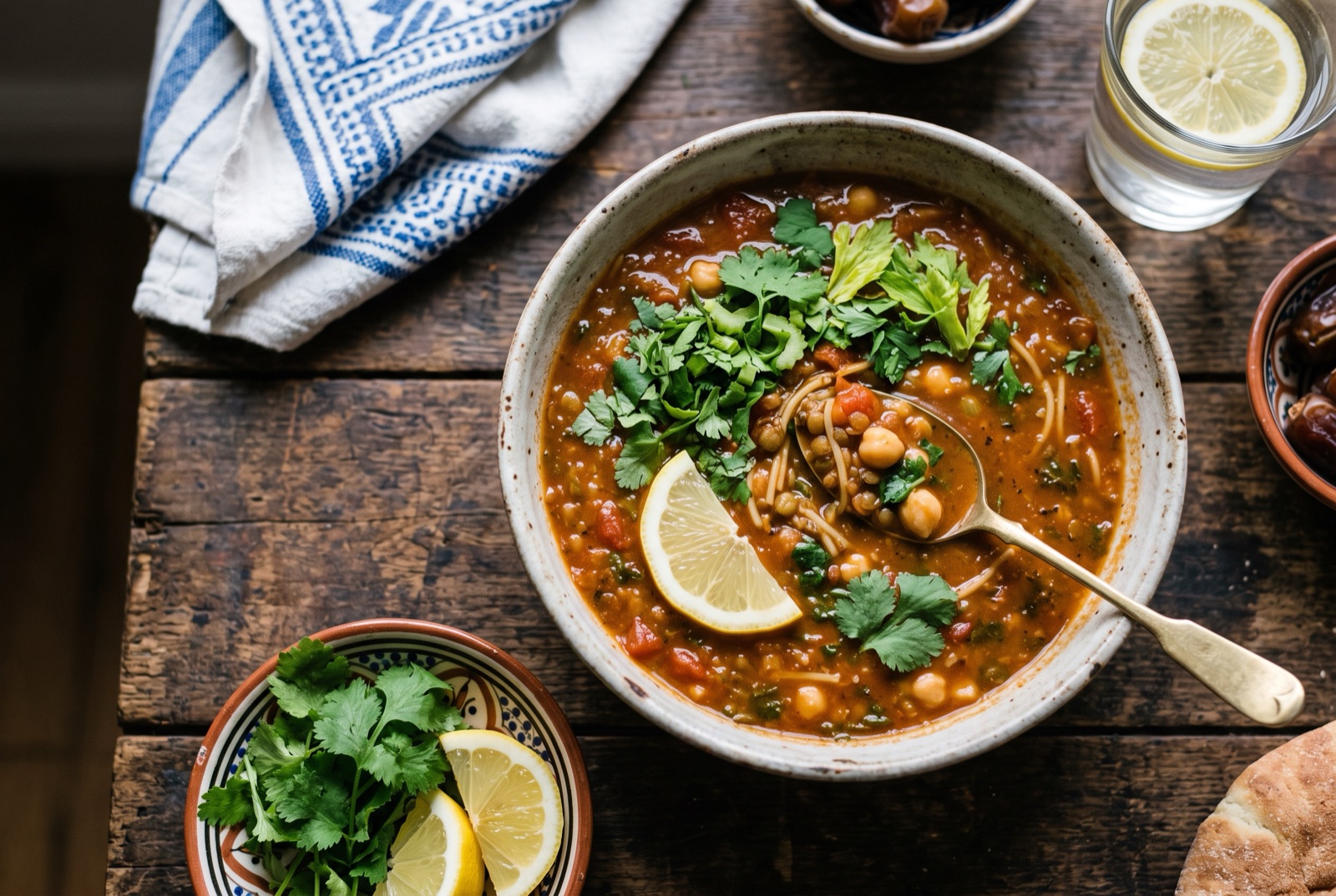 A bowl of thick red-brown harira soup with lentils and chickpeas, topped with cilantro, lemon on the side