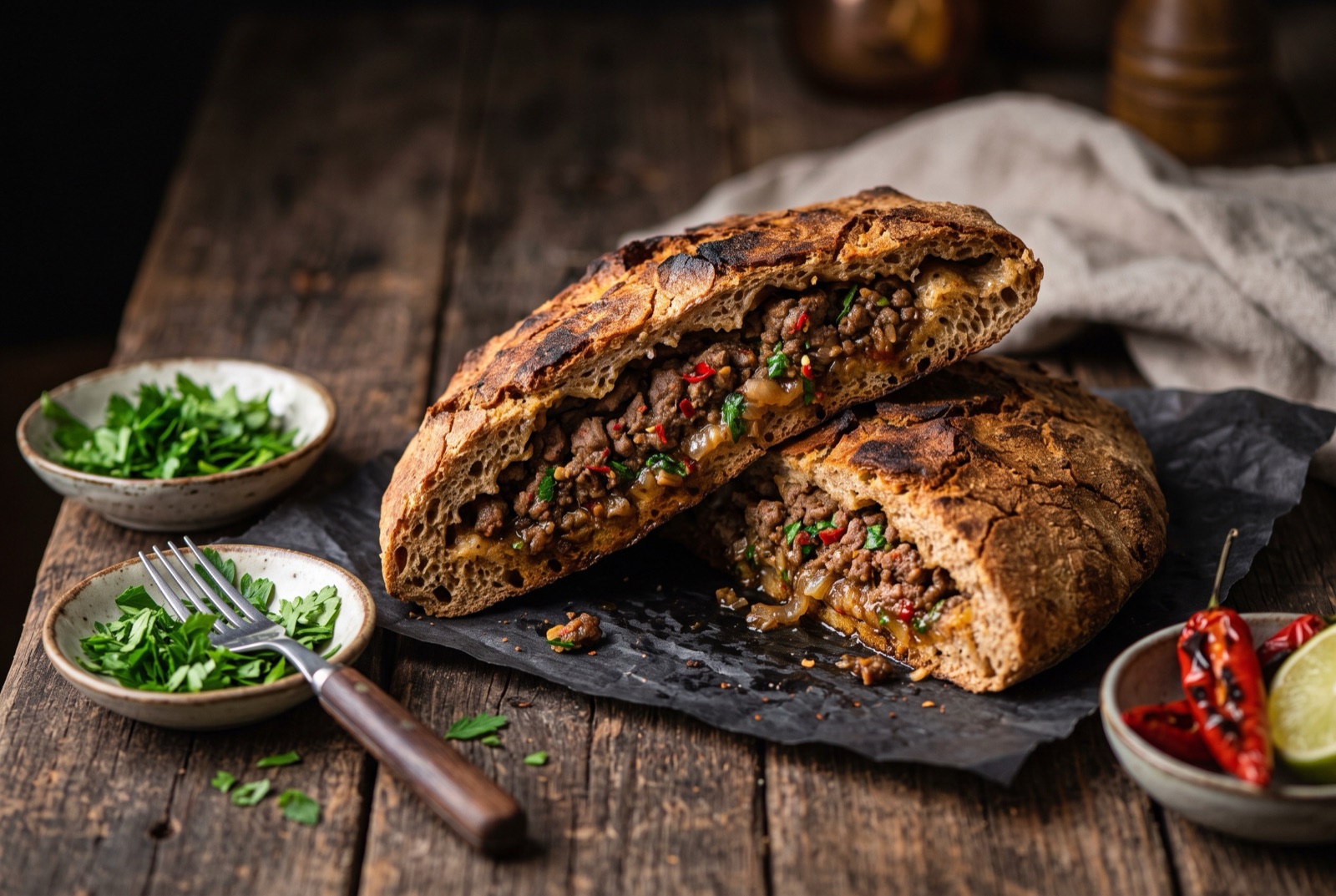 Baked flatbread stuffed with spiced minced beef, cut into wedges to show the thin dark meat layer inside a crisp browned crust