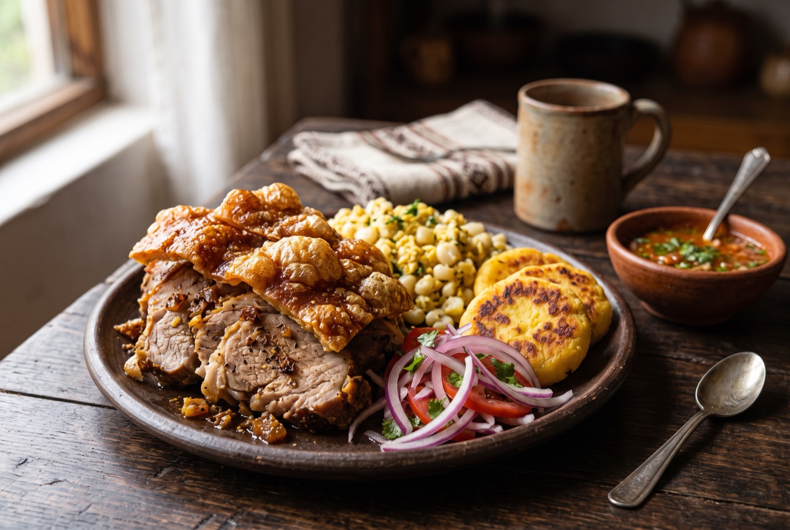 Carved Ecuadorian roast pork shoulder with shards of blistered crackling, hominy and potato patties on a plate