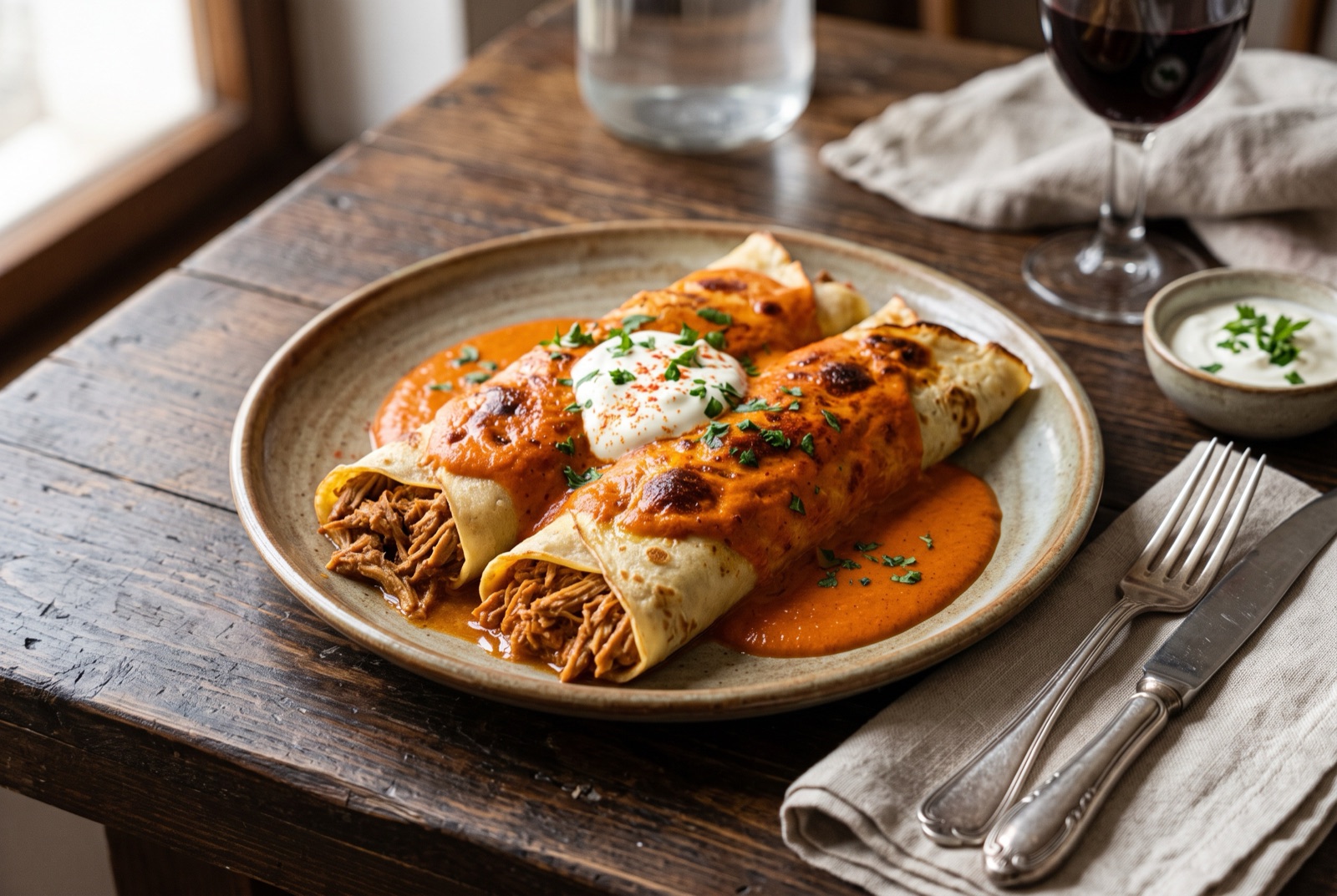 Hungarian Hortobagyi palacsinta, rolled crepes filled with paprika meat under a smooth red sour cream sauce