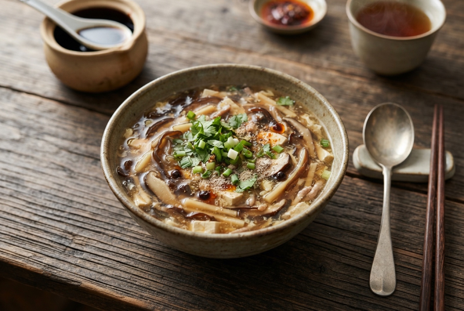 Bowl of hot and sour soup with egg ribbons, wood ear strips, tofu matchsticks and sliced scallions