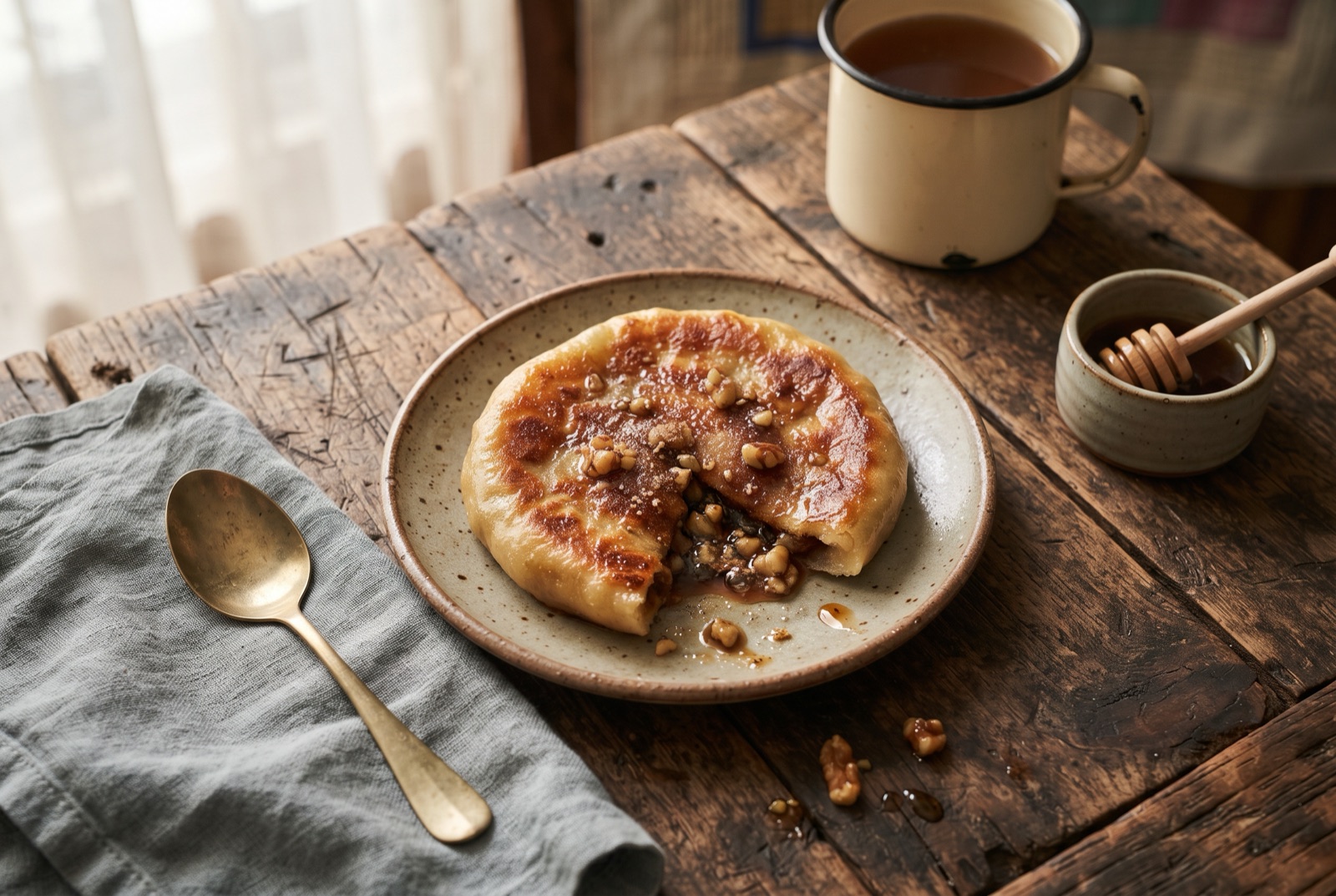 Golden Korean hotteok pancake torn open with dark cinnamon sugar syrup and chopped nuts running out