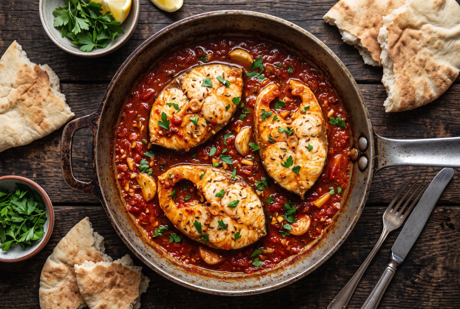 Fish steaks poaching in a shallow pan of brick-red spicy tomato sauce, scattered with coriander and lemon wedges
