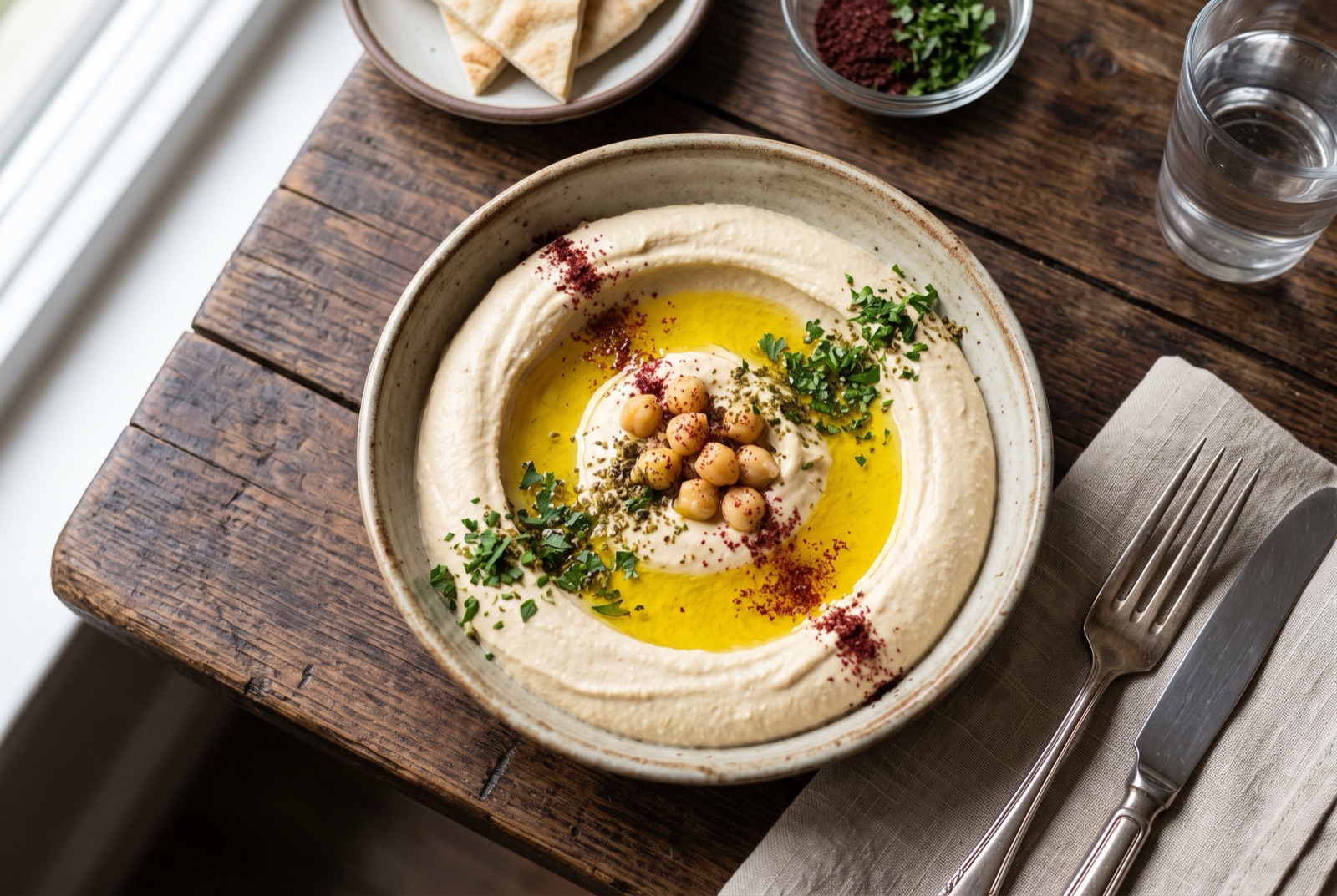 Bowl of silky hummus swirled with olive oil, topped with whole chickpeas and paprika