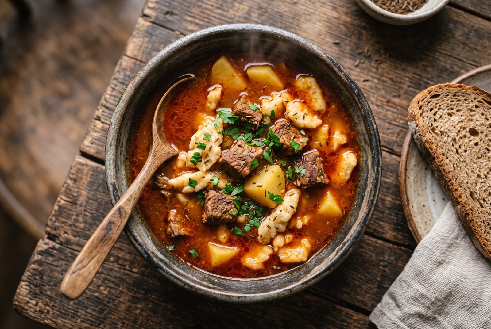 Deep bowl of Hungarian gulyas soup with beef, potato cubes and pinched csipetke noodles in red paprika broth