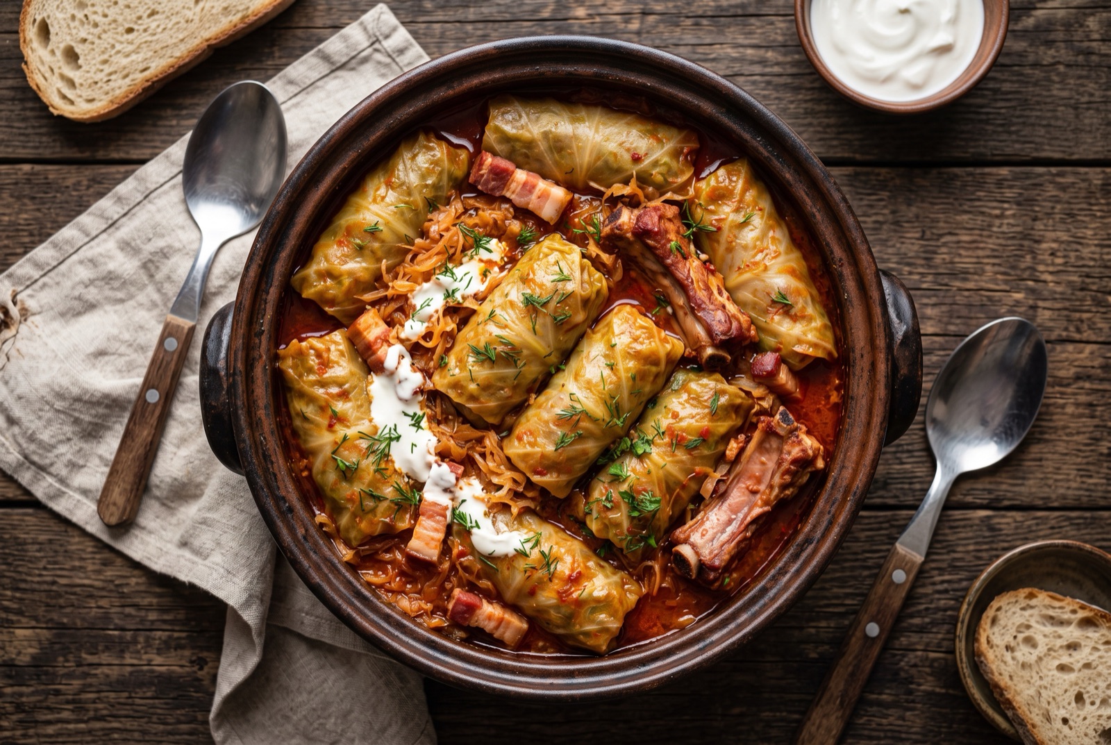 Hungarian stuffed sour cabbage rolls in a pot with sauerkraut, smoked ribs and a spoonful of sour cream