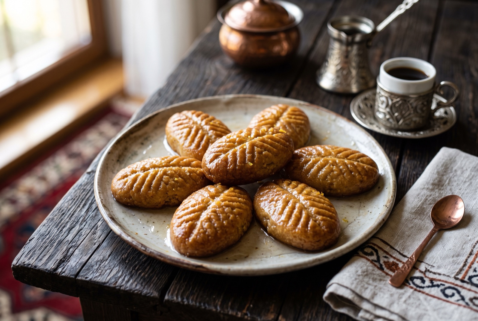Tray of oval ridged Bosnian hurmasice cookies glossy with lemon syrup, one broken open to show the moist crumb