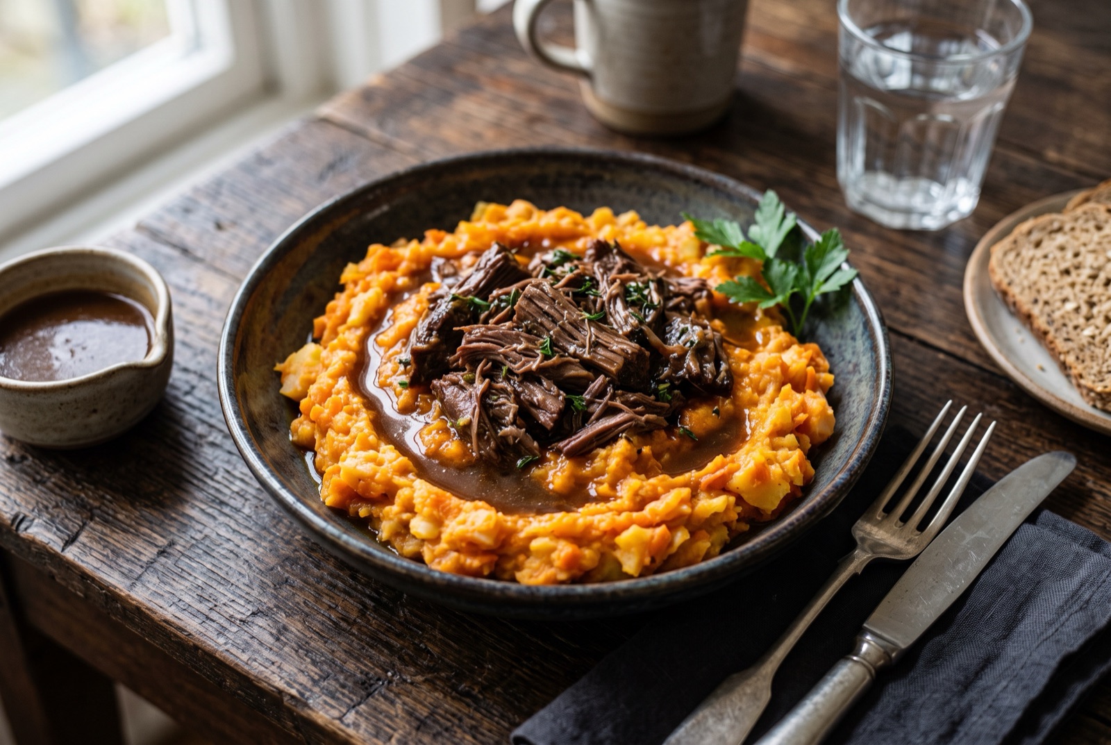 Orange carrot and potato mash on a plate with shredded braised beef and dark gravy