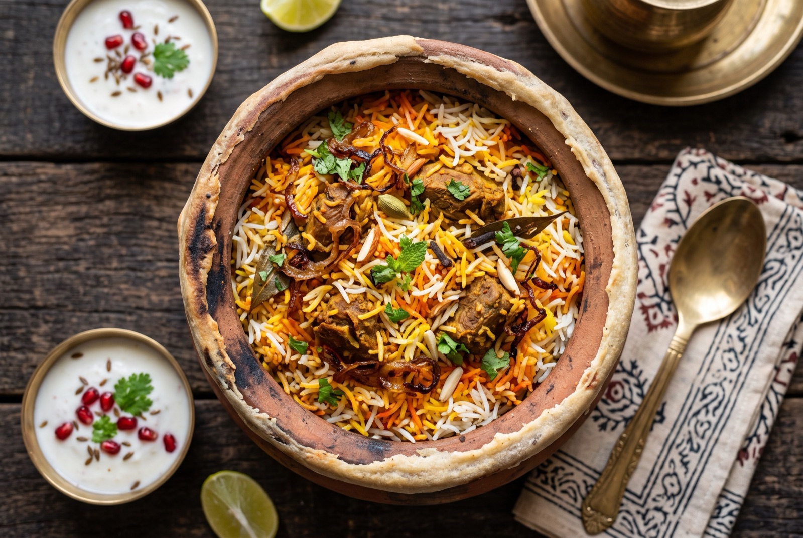 Open pot of Hyderabadi biryani showing saffron-streaked basmati over bone-in mutton with fried onions and mint