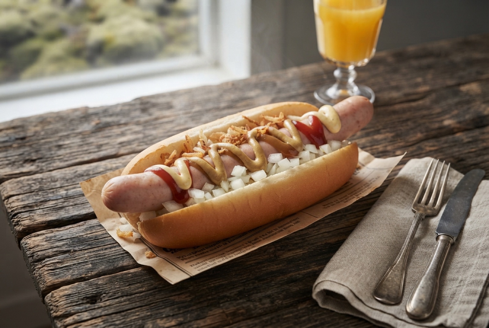 Icelandic hot dog in a soft bun with crispy fried onion, raw onion and three stripes of sauce