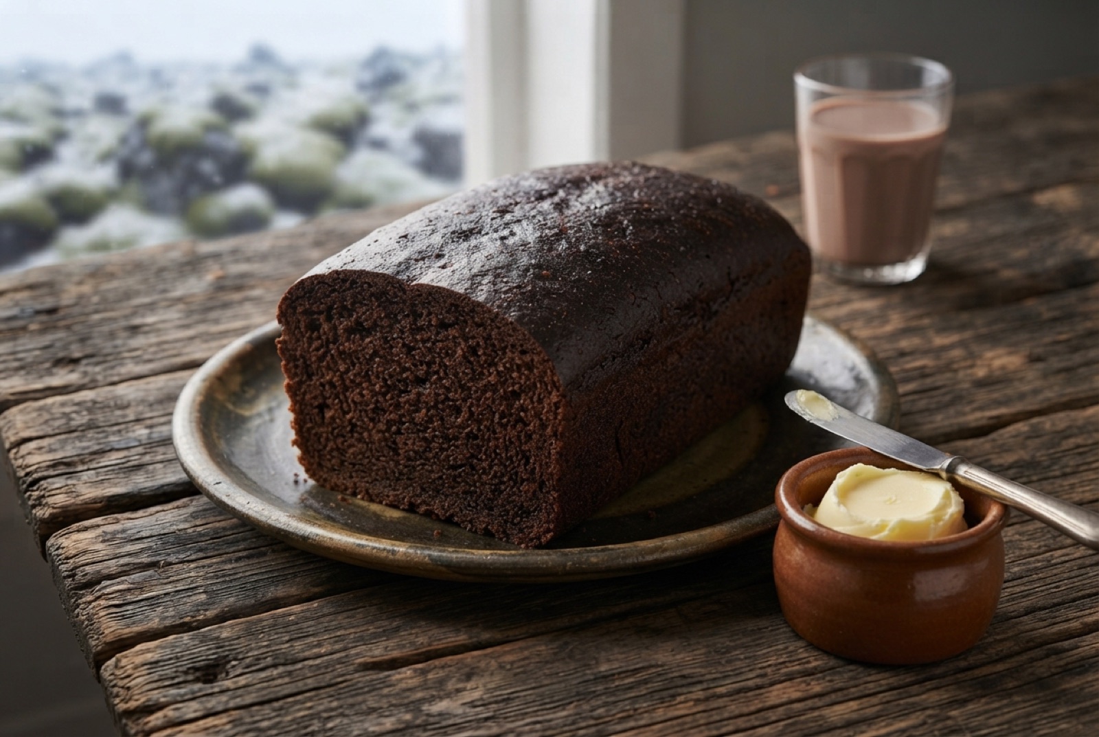 Sliced Icelandic dark rye bread with almost black crumb, spread with cold butter