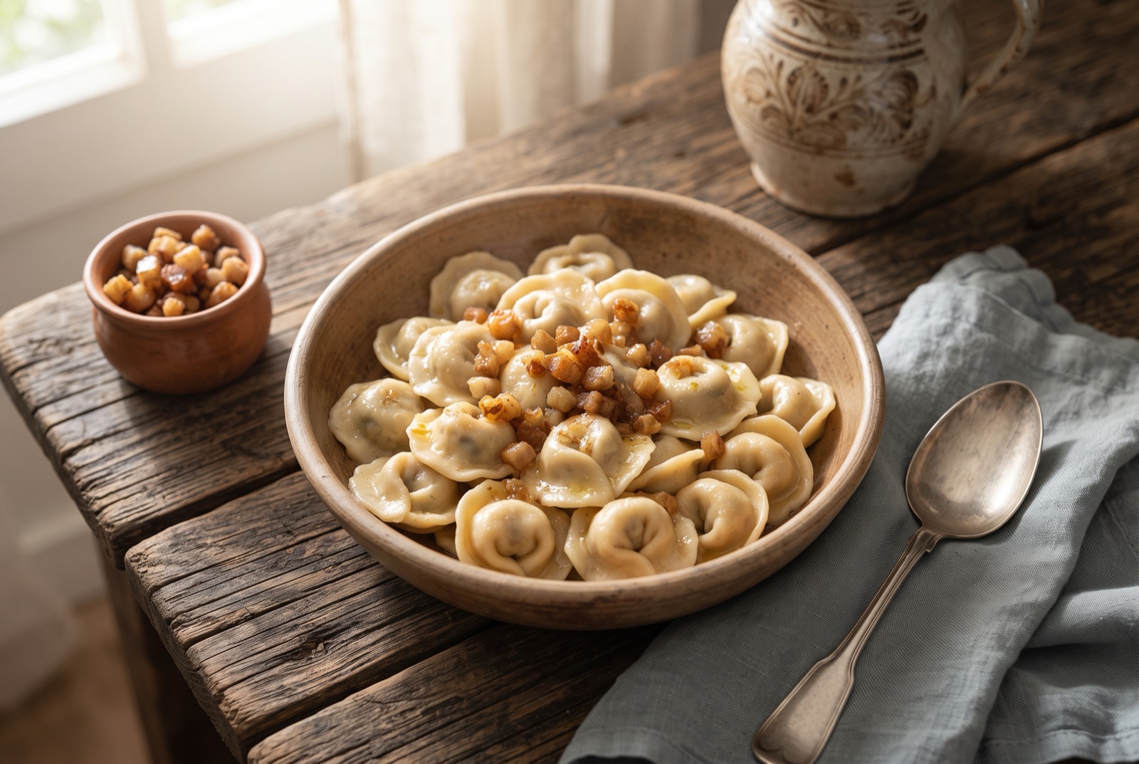 Small hat-shaped Idrija potato dumplings piled in a bowl with toasted breadcrumbs, butter and pork cracklings