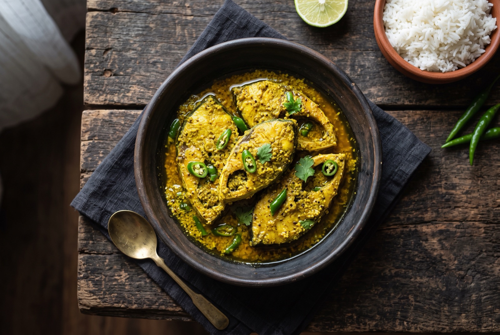 Steamed hilsa steaks in a thick yellow mustard sauce with whole slit green chiles in a steel container