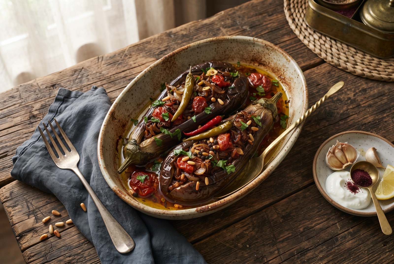 Split braised eggplants filled with golden onion and tomato, glistening with olive oil on a shallow dish