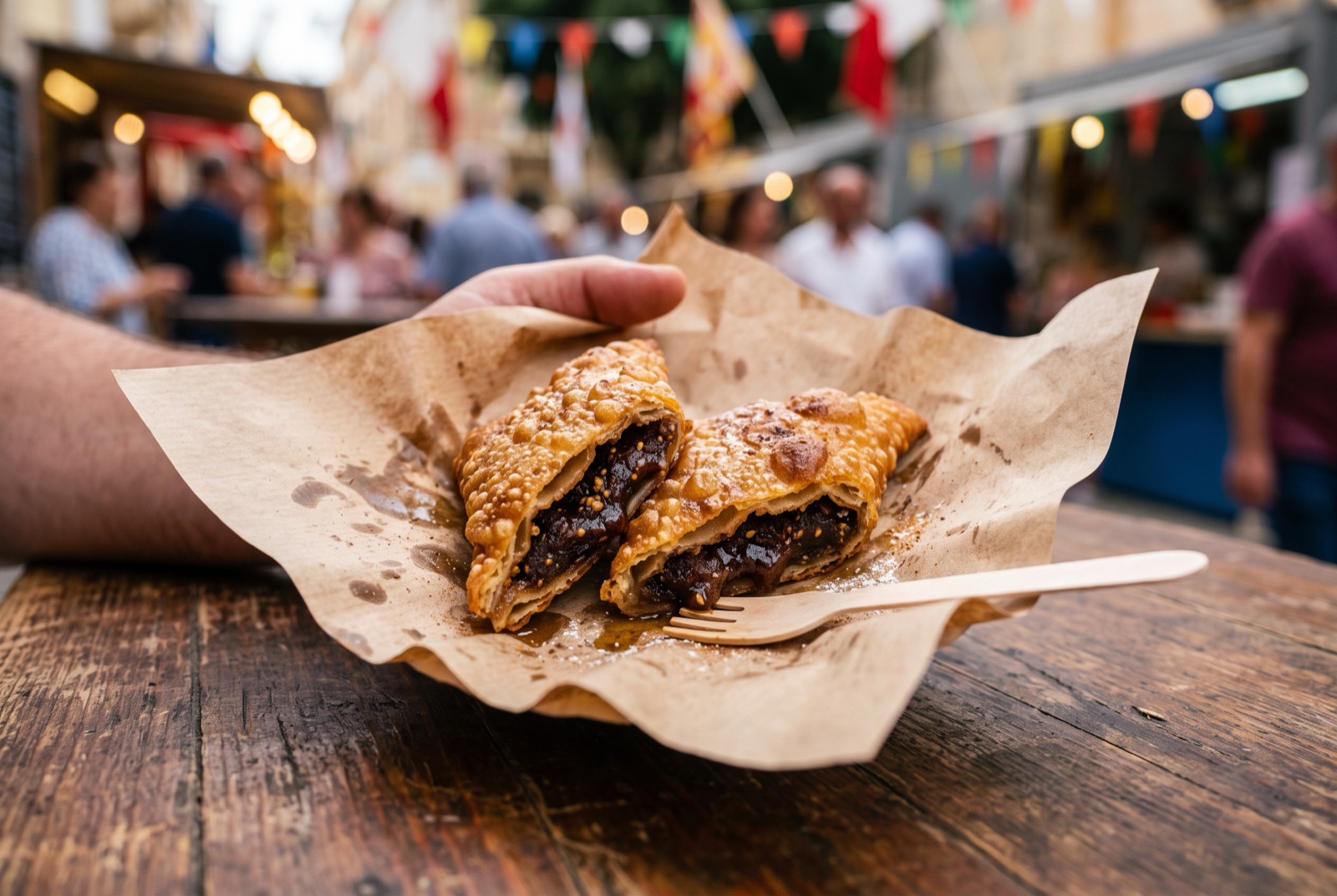 Diamond-shaped Maltese imqaret date pastries fried golden, one broken open to show the dark date filling
