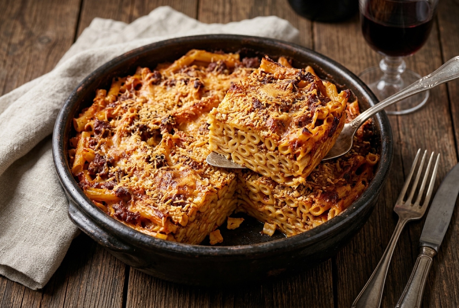 Square of Maltese baked macaroni with browned crusty top, showing meat sauce and set pasta inside