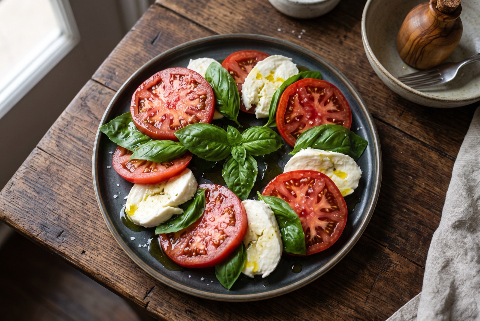 Plate of sliced ripe tomatoes with torn buffalo mozzarella, fresh basil leaves and olive oil