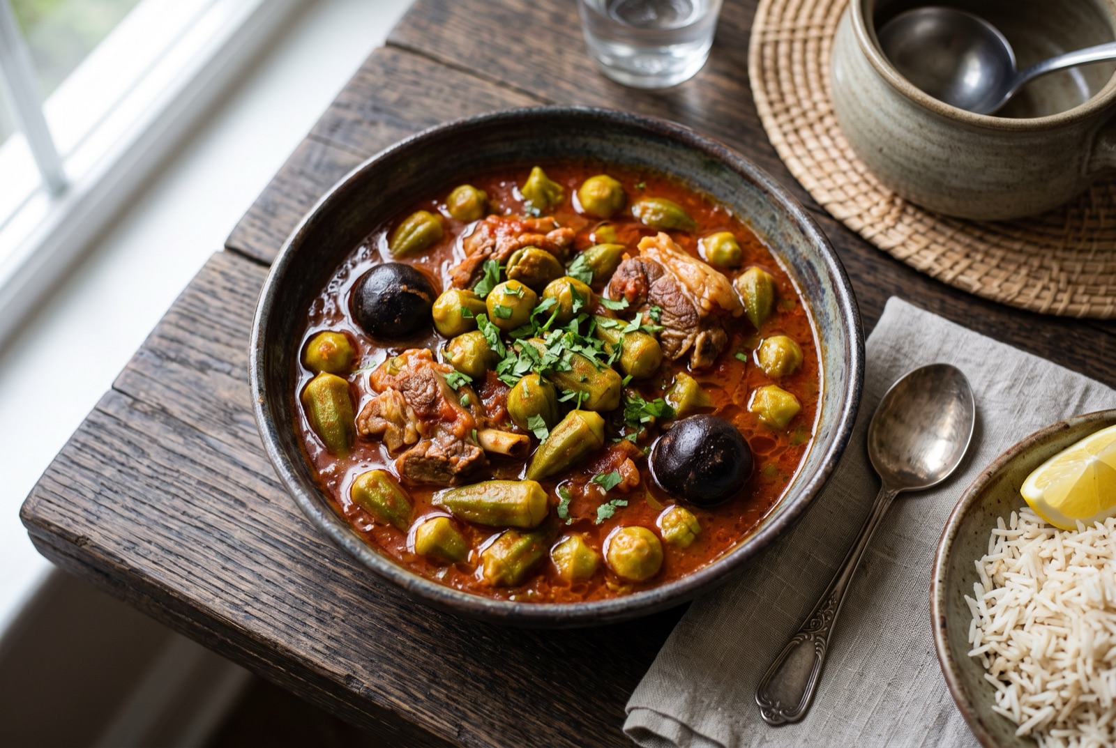 A pot of Iraqi bamia with whole okra pods and chunks of lamb in a glossy red tomato broth