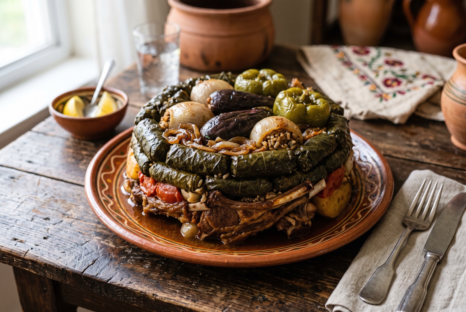 A tray of Iraqi dolma turned out as a dome, with stuffed peppers, aubergines, onion cups and vine leaf rolls in red broth