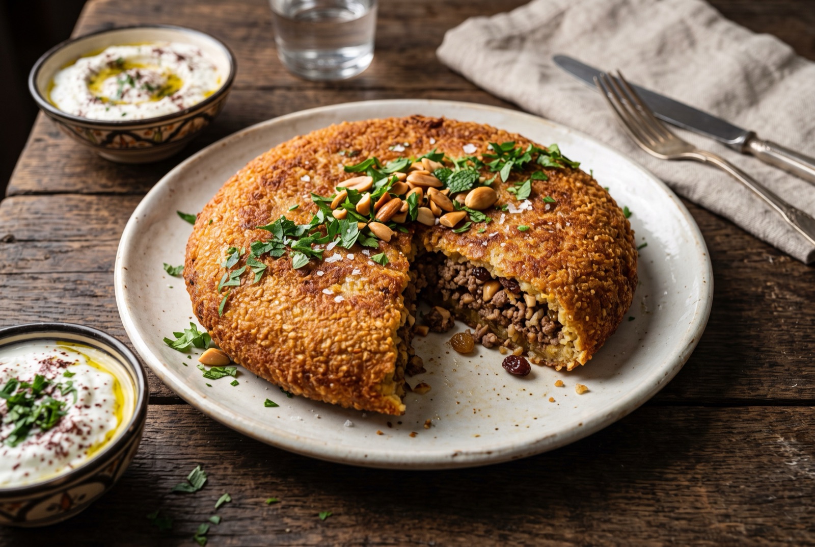A golden fried bulgur disc cut into wedges, showing spiced lamb filling with almonds and raisins inside